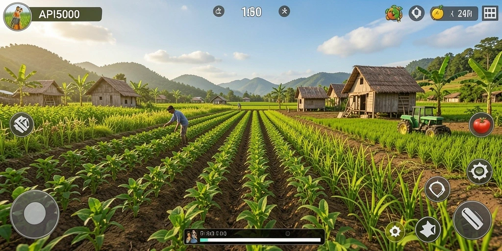 Screenshot permainan API5000 menampilkan ladang yang indah dan kegiatan bertani.