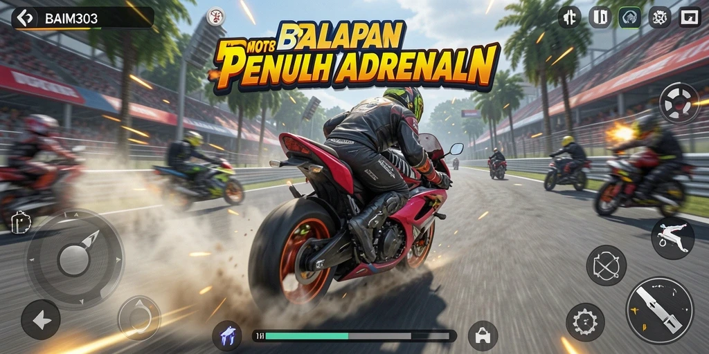Screenshot menampilkan gameplay BAIM303 dengan motor balap melaju kencang.