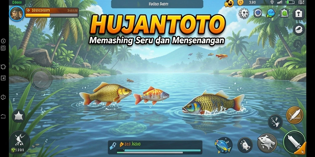 Menampilkan gameplay HUJANTOTO dengan momen tangkap ikan yang menakjubkan.
