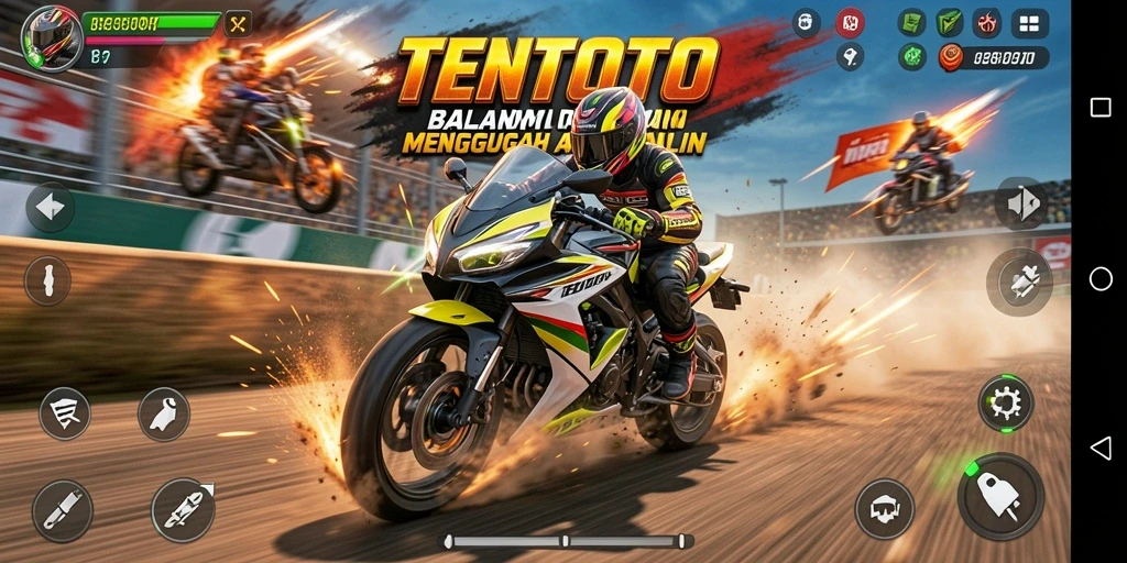 Tampilan gameplay yang mendebarkan dalam TENTOTO dengan motor balap yang cepat.