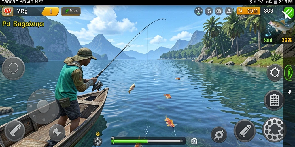Screenshot gameplay Y89 menampilkan aksi seru memancing di danau.